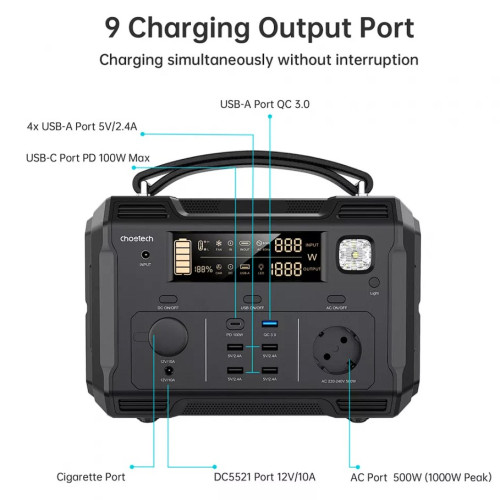 Зарядная станция  Choetech 500W Type-C/USB/DC/AC - фото №2